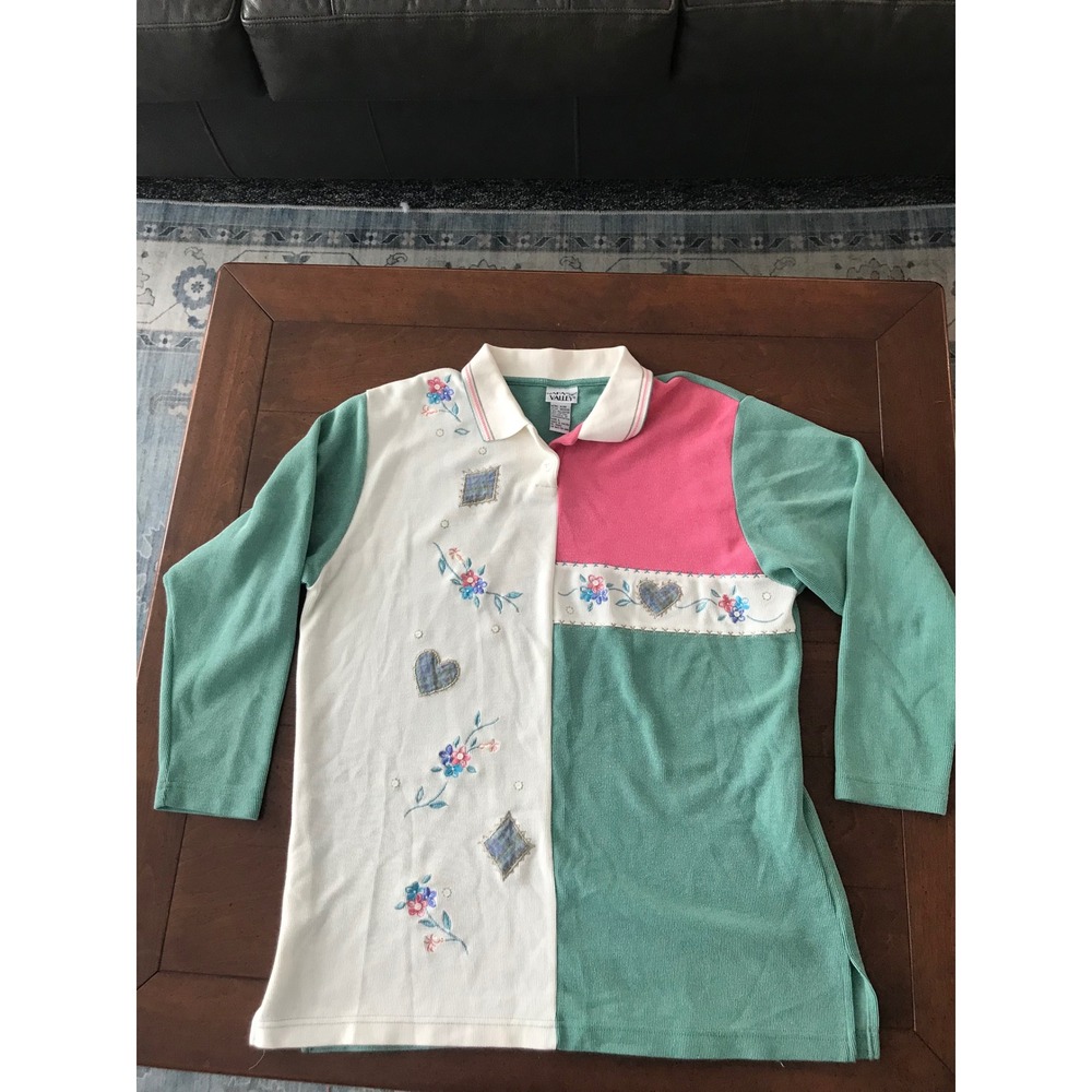 Napa Valley Colorblock Embroidered‎ Heart Polo Shirt Women's Size L